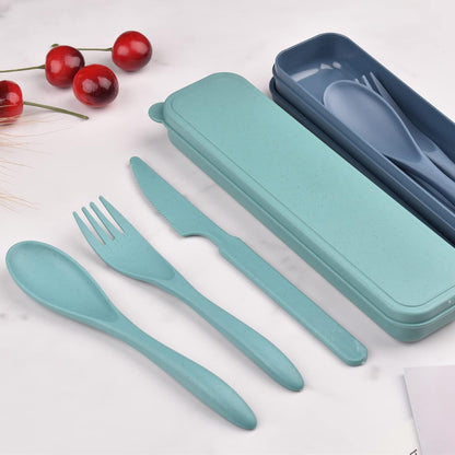 Zoyiancy 2 Sets Reusable Utensil Set with Case, Green, Blue Travel Utensils | Spoon Knife Fork Lunch Box, Wheat Straw, Portable Easy To Carry, Dishwasher Safe, Office School Camping Travel Daily Use