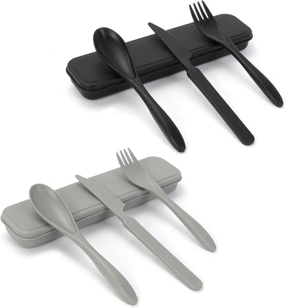 Zoyiancy 2 Sets Reusable Utensil Set with Case, Green, Blue Travel Utensils | Spoon Knife Fork Lunch Box, Wheat Straw, Portable Easy To Carry, Dishwasher Safe, Office School Camping Travel Daily Use