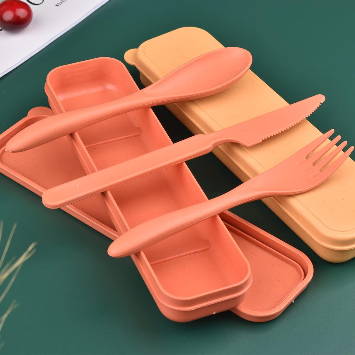 Zoyiancy 2 Sets Reusable Utensil Set with Case, Green, Blue Travel Utensils | Spoon Knife Fork Lunch Box, Wheat Straw, Portable Easy To Carry, Dishwasher Safe, Office School Camping Travel Daily Use
