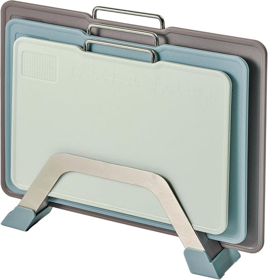 Plastic Cutting Boards with Grinding Area and Measurement, Cutting Boards for Kitchen Dishwasher Safe, Set of 3 with Holder, Non-Slip Design, Stainless Steel Handle, Blue