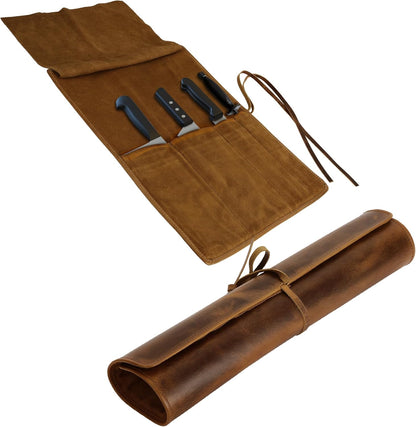 Leather Knife Roll Bag Professional Chef Knife Case, Durable Knife Sheath Holder, Cooks & Culinary Tools Carrying Storage, Portable Knife Wrap - 4 Slots