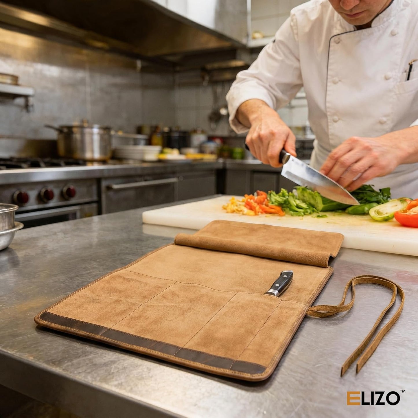 Leather Knife Roll Bag Professional Chef Knife Case, Durable Knife Sheath Holder, Cooks & Culinary Tools Carrying Storage, Portable Knife Wrap - 4 Slots