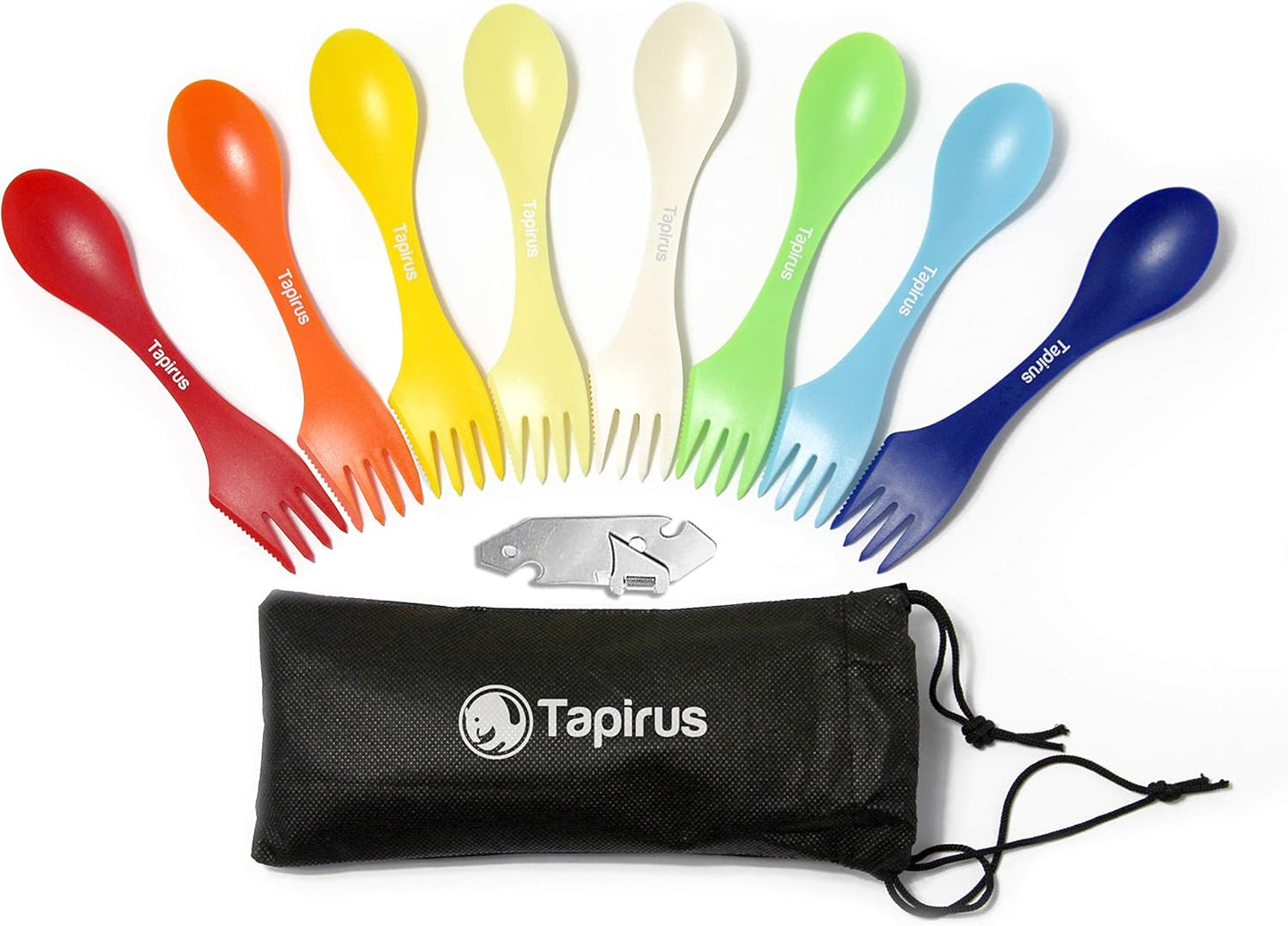 Tapirus - Camping Sporks to Go V8 Set - 7" BPA Free Plastic Sporks Reusable - Camping Spoon Fork Knife Combo with Bottle Opener & Case - For Hiking, Hunting, Backpacking Utensils, MREs - Pack of 8