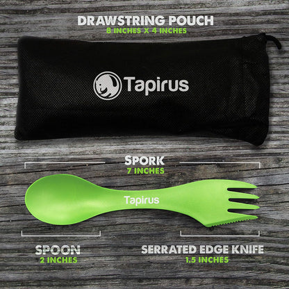 Tapirus - Camping Sporks to Go V8 Set - 7" BPA Free Plastic Sporks Reusable - Camping Spoon Fork Knife Combo with Bottle Opener & Case - For Hiking, Hunting, Backpacking Utensils, MREs - Pack of 8
