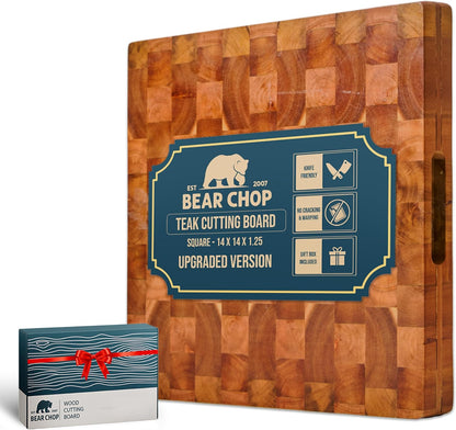 Bearchop Square Acacia Wood Cutting Board for Kitchen with 4-Side Reinforced Bar for Anti Crack/Warp, [14"x14"x1.25"] End Grain Cutting Board, Wooden Butcher Block with Gift Box