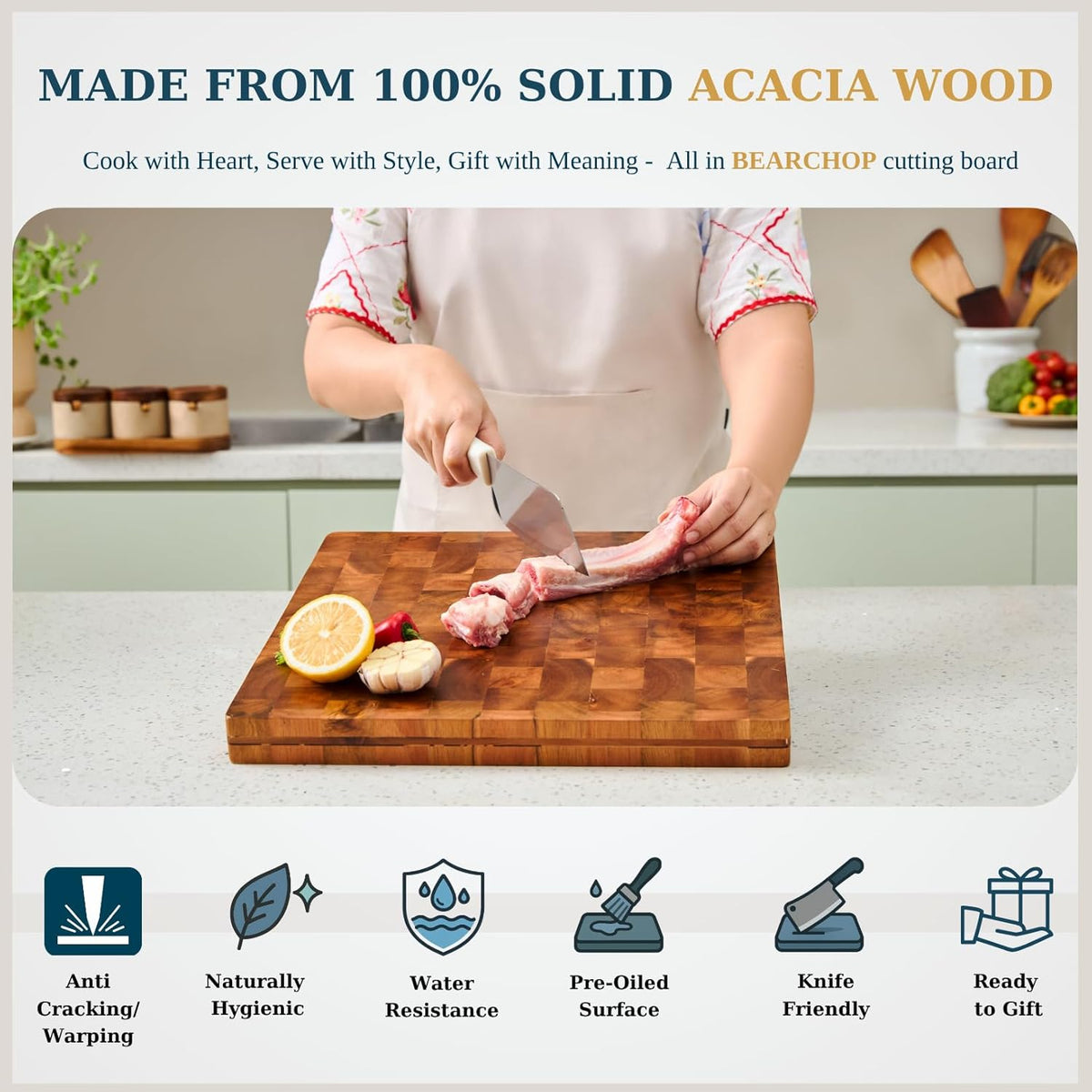 Bearchop Square Acacia Wood Cutting Board for Kitchen with 4-Side Reinforced Bar for Anti Crack/Warp, [14"x14"x1.25"] End Grain Cutting Board, Wooden Butcher Block with Gift Box