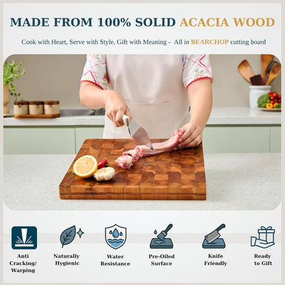 Bearchop Square Acacia Wood Cutting Board for Kitchen with 4-Side Reinforced Bar for Anti Crack/Warp, [14"x14"x1.25"] End Grain Cutting Board, Wooden Butcher Block with Gift Box