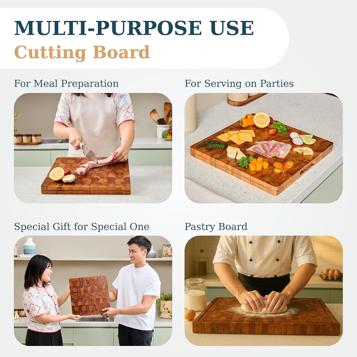 Bearchop Square Acacia Wood Cutting Board for Kitchen with 4-Side Reinforced Bar for Anti Crack/Warp, [14"x14"x1.25"] End Grain Cutting Board, Wooden Butcher Block with Gift Box