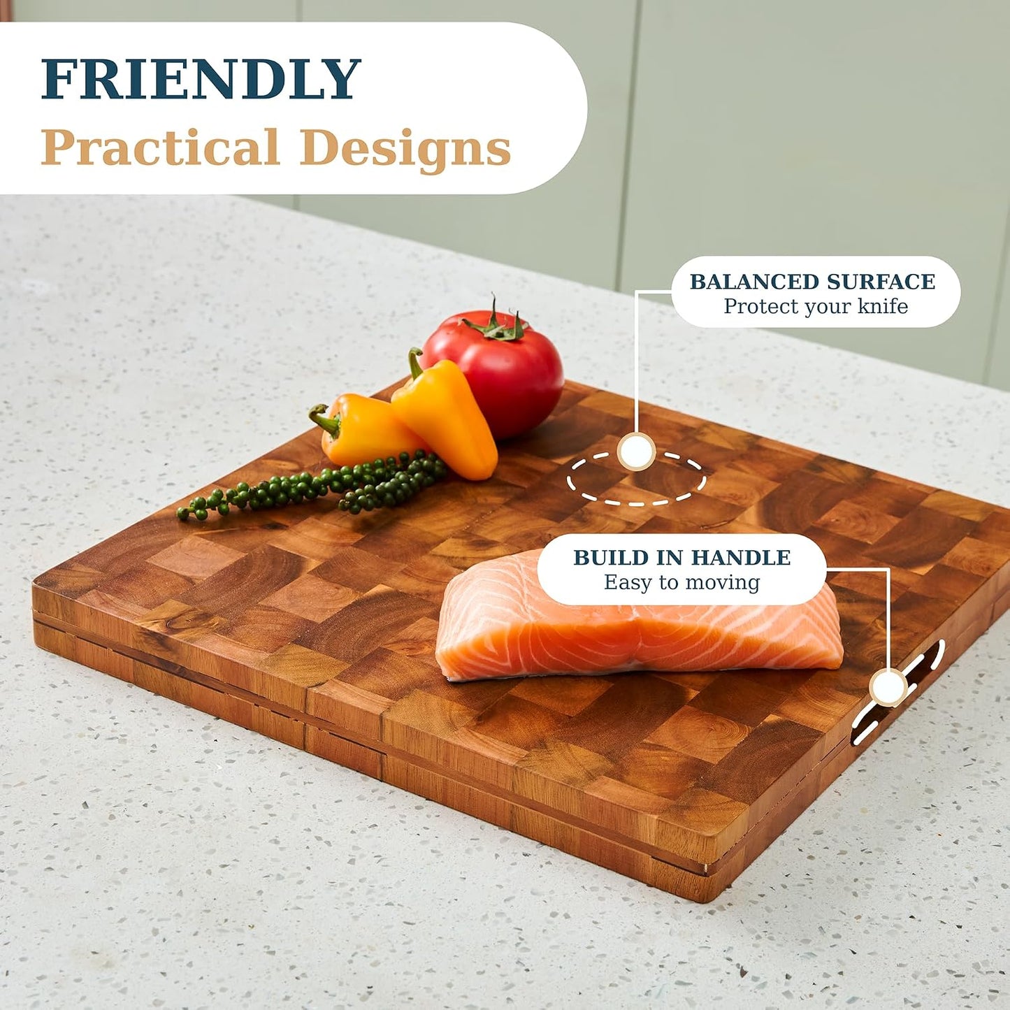 Bearchop Square Acacia Wood Cutting Board for Kitchen with 4-Side Reinforced Bar for Anti Crack/Warp, [14"x14"x1.25"] End Grain Cutting Board, Wooden Butcher Block with Gift Box