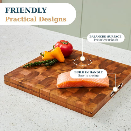 Bearchop Square Acacia Wood Cutting Board for Kitchen with 4-Side Reinforced Bar for Anti Crack/Warp, [14"x14"x1.25"] End Grain Cutting Board, Wooden Butcher Block with Gift Box