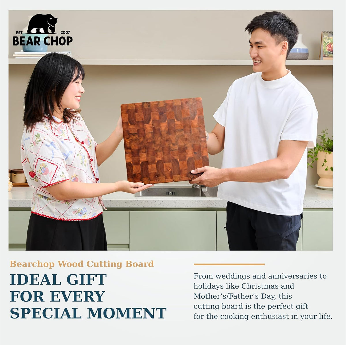Bearchop Square Acacia Wood Cutting Board for Kitchen with 4-Side Reinforced Bar for Anti Crack/Warp, [14"x14"x1.25"] End Grain Cutting Board, Wooden Butcher Block with Gift Box