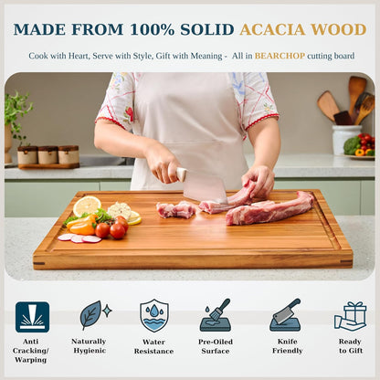 Bearchop Square Acacia Wood Cutting Board for Kitchen with 4-Side Reinforced Bar for Anti Crack/Warp, [14"x14"x1.25"] End Grain Cutting Board, Wooden Butcher Block with Gift Box