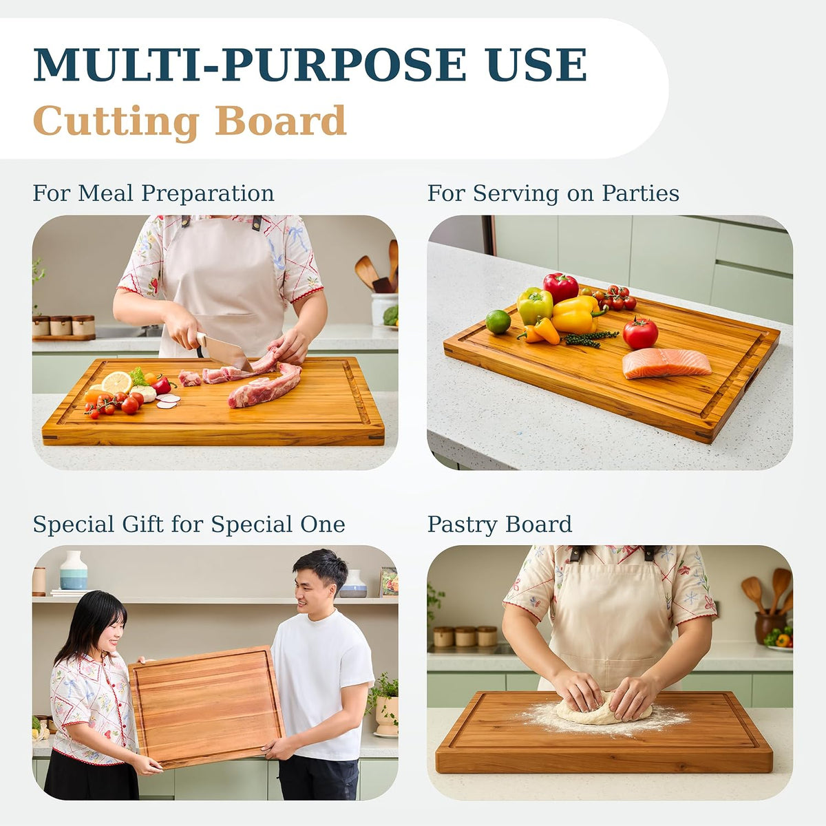 Bearchop Square Acacia Wood Cutting Board for Kitchen with 4-Side Reinforced Bar for Anti Crack/Warp, [14"x14"x1.25"] End Grain Cutting Board, Wooden Butcher Block with Gift Box