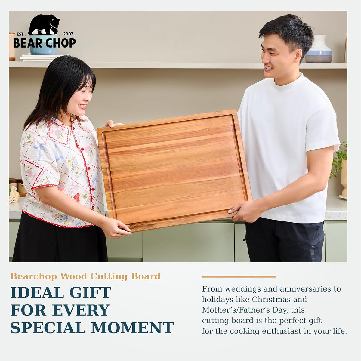 Bearchop Square Acacia Wood Cutting Board for Kitchen with 4-Side Reinforced Bar for Anti Crack/Warp, [14"x14"x1.25"] End Grain Cutting Board, Wooden Butcher Block with Gift Box