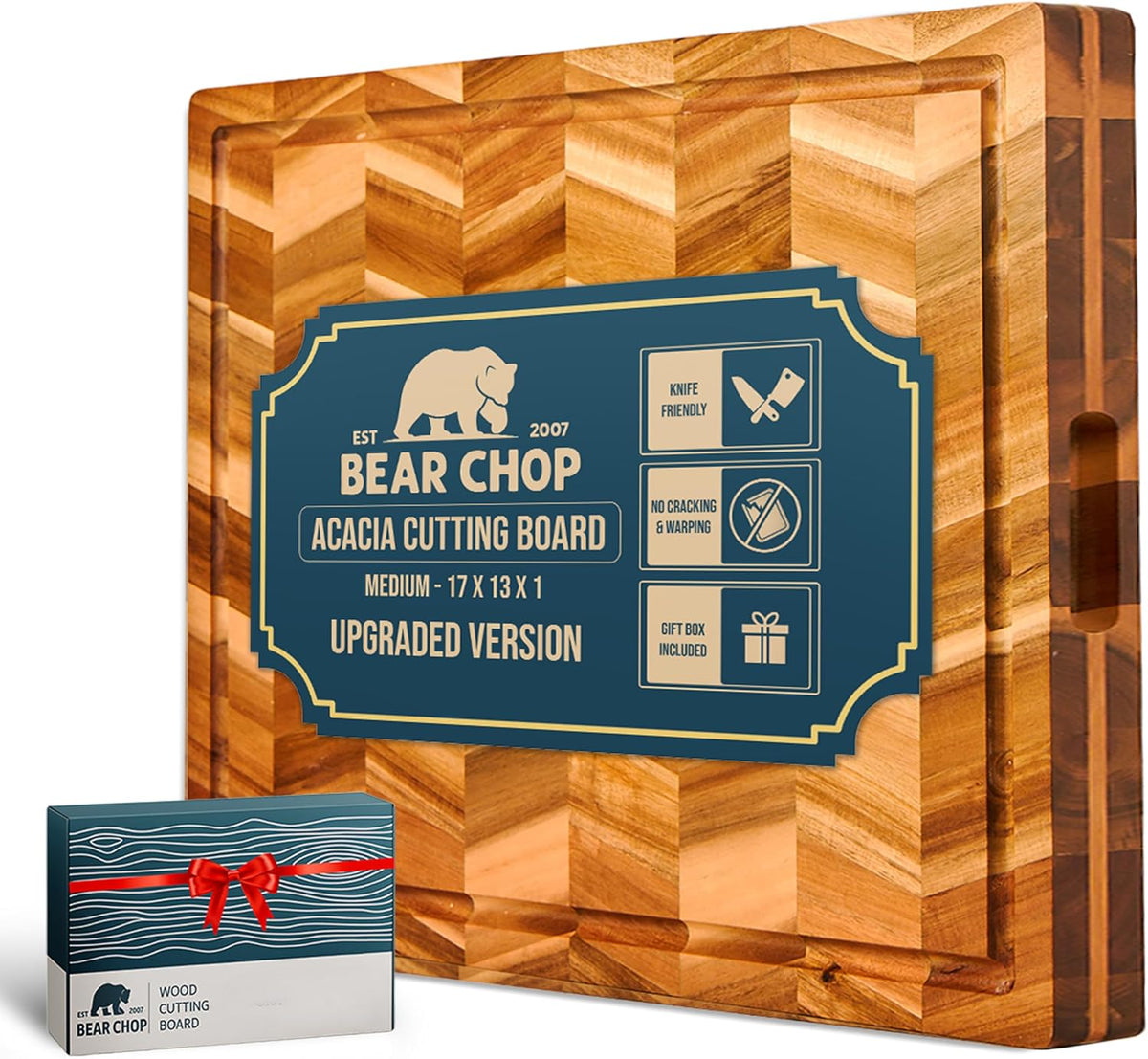 Bearchop Square Acacia Wood Cutting Board for Kitchen with 4-Side Reinforced Bar for Anti Crack/Warp, [14"x14"x1.25"] End Grain Cutting Board, Wooden Butcher Block with Gift Box
