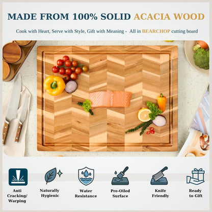 Bearchop Square Acacia Wood Cutting Board for Kitchen with 4-Side Reinforced Bar for Anti Crack/Warp, [14"x14"x1.25"] End Grain Cutting Board, Wooden Butcher Block with Gift Box