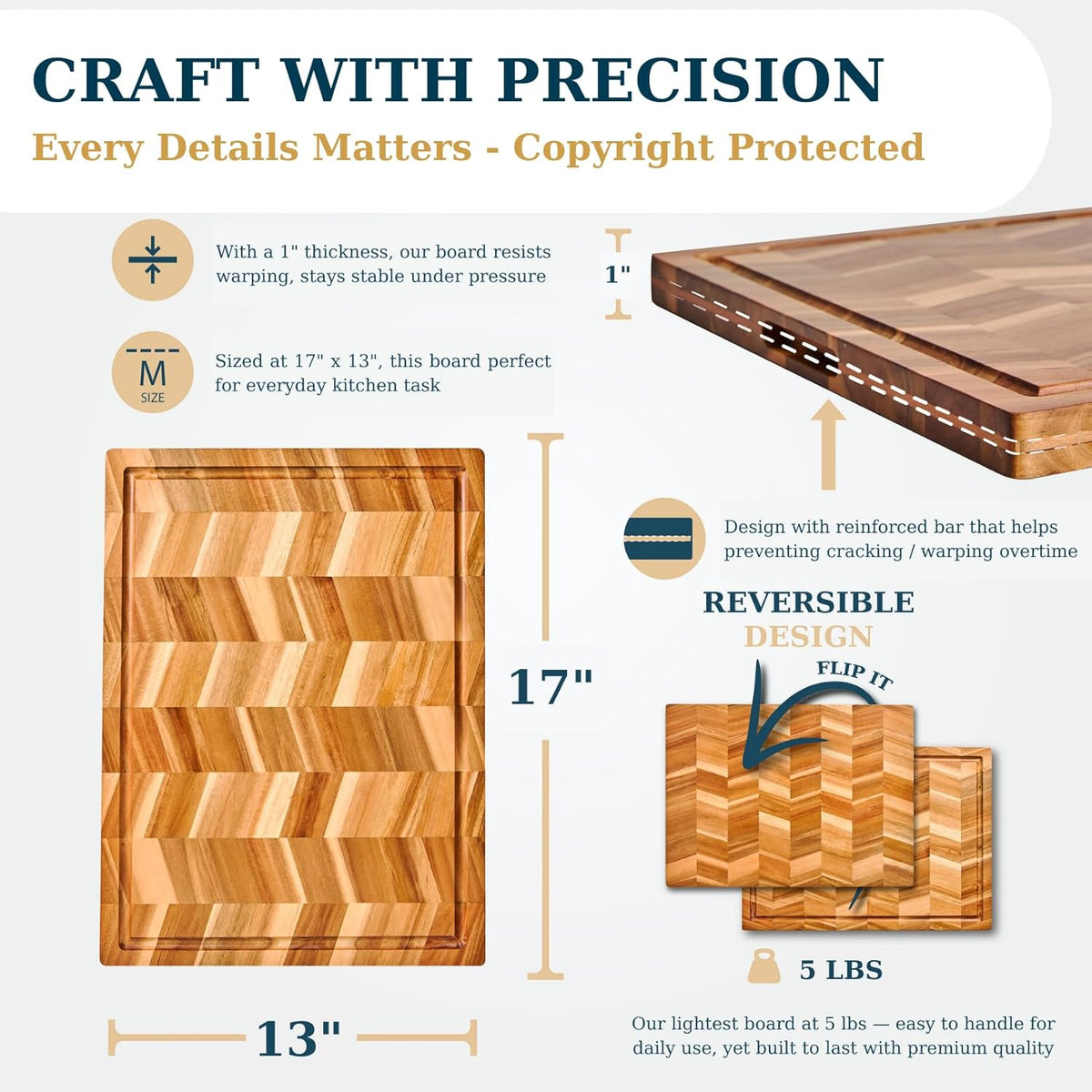 Bearchop Square Acacia Wood Cutting Board for Kitchen with 4-Side Reinforced Bar for Anti Crack/Warp, [14"x14"x1.25"] End Grain Cutting Board, Wooden Butcher Block with Gift Box
