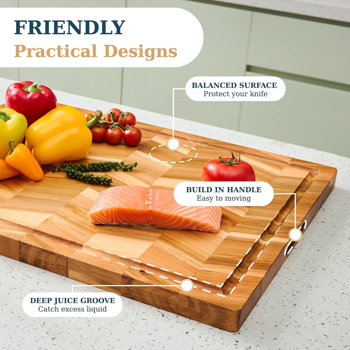 Bearchop Square Acacia Wood Cutting Board for Kitchen with 4-Side Reinforced Bar for Anti Crack/Warp, [14"x14"x1.25"] End Grain Cutting Board, Wooden Butcher Block with Gift Box