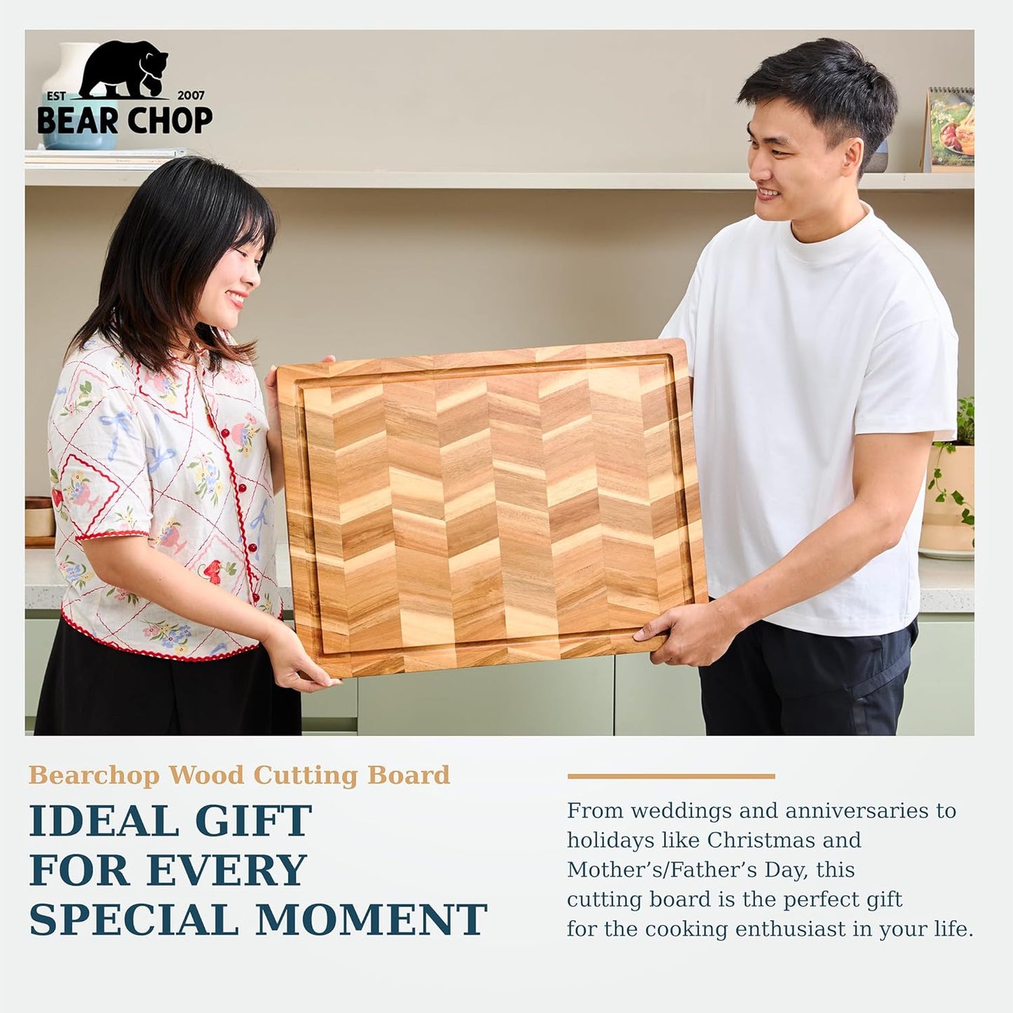 Bearchop Square Acacia Wood Cutting Board for Kitchen with 4-Side Reinforced Bar for Anti Crack/Warp, [14"x14"x1.25"] End Grain Cutting Board, Wooden Butcher Block with Gift Box