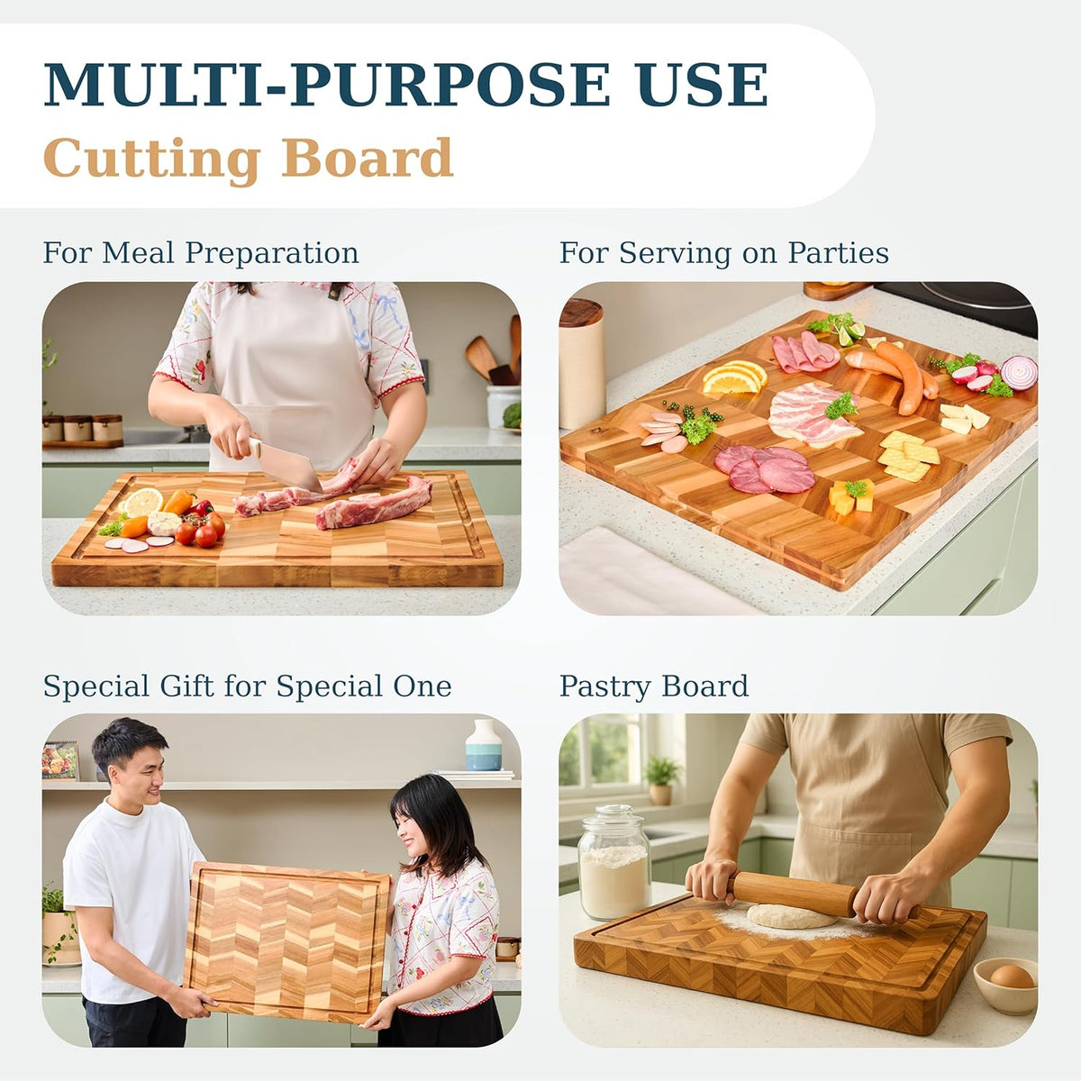 Bearchop Square Acacia Wood Cutting Board for Kitchen with 4-Side Reinforced Bar for Anti Crack/Warp, [14"x14"x1.25"] End Grain Cutting Board, Wooden Butcher Block with Gift Box