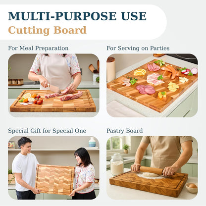 Bearchop Square Acacia Wood Cutting Board for Kitchen with 4-Side Reinforced Bar for Anti Crack/Warp, [14"x14"x1.25"] End Grain Cutting Board, Wooden Butcher Block with Gift Box