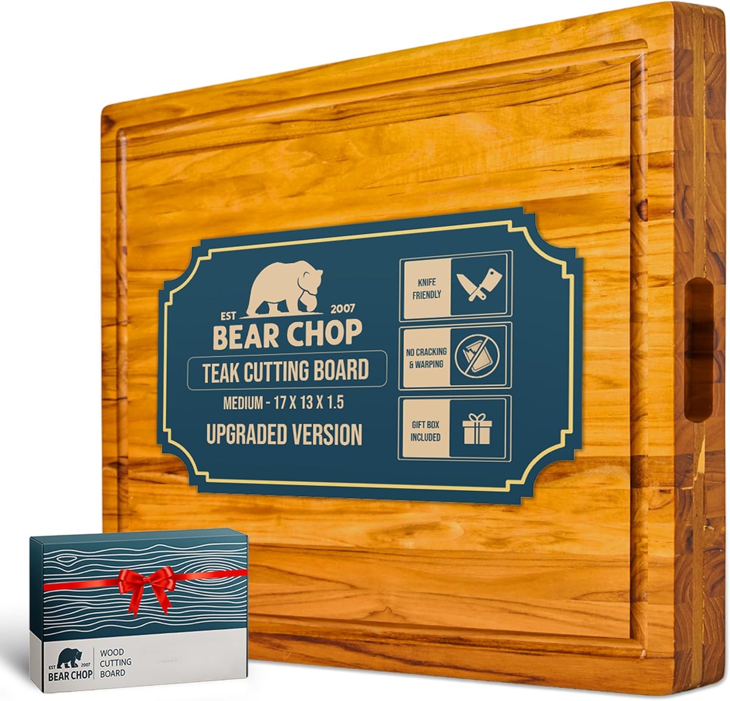 Bearchop Square Acacia Wood Cutting Board for Kitchen with 4-Side Reinforced Bar for Anti Crack/Warp, [14"x14"x1.25"] End Grain Cutting Board, Wooden Butcher Block with Gift Box