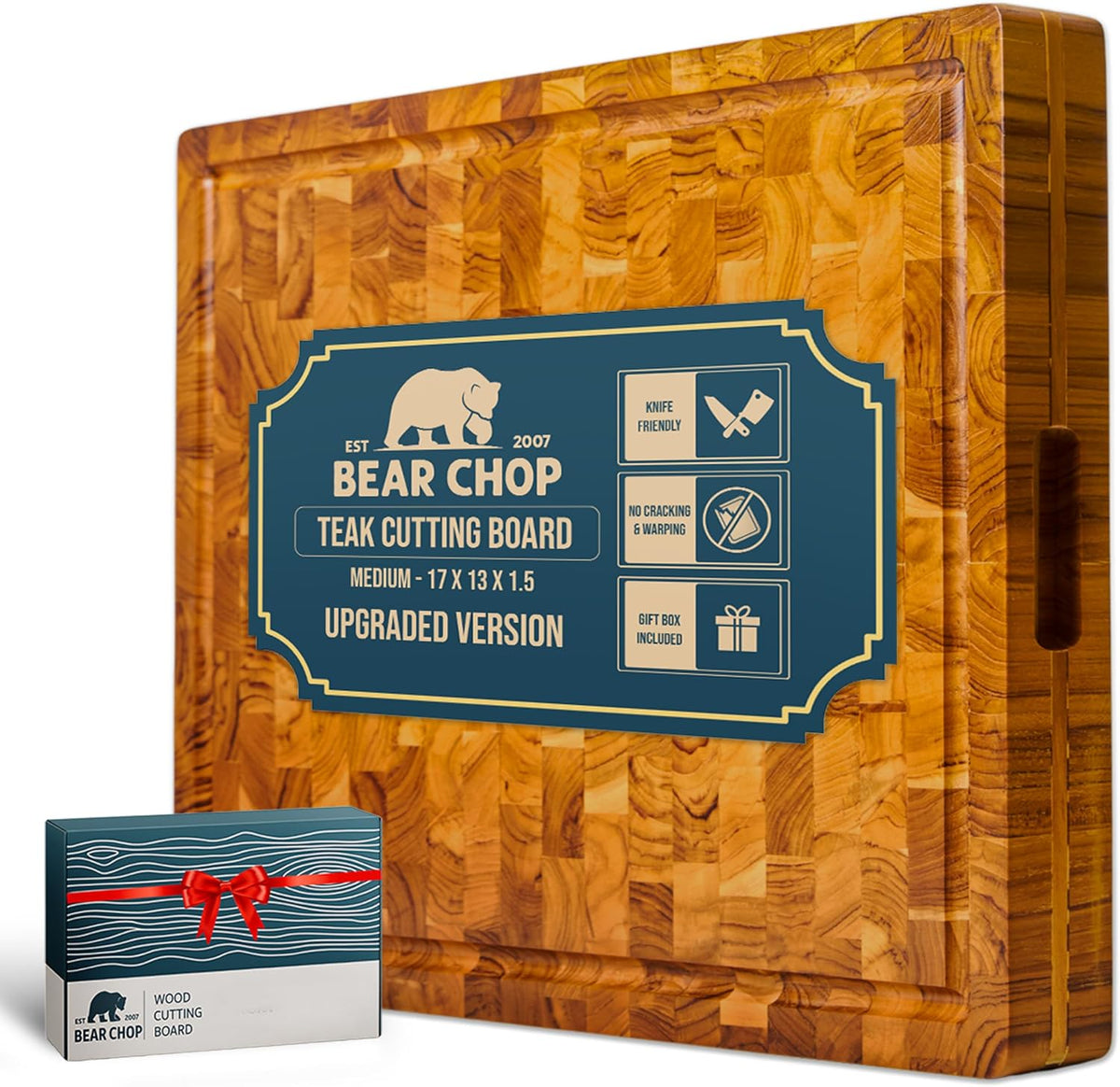 Bearchop Square Acacia Wood Cutting Board for Kitchen with 4-Side Reinforced Bar for Anti Crack/Warp, [14"x14"x1.25"] End Grain Cutting Board, Wooden Butcher Block with Gift Box