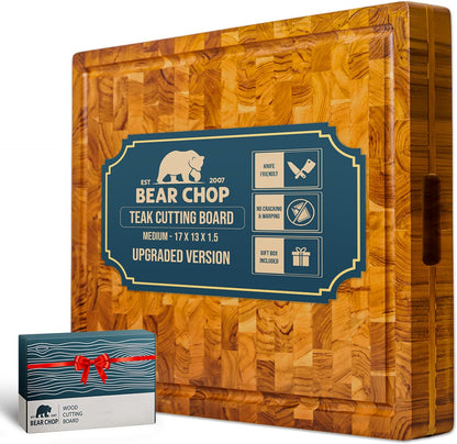 Bearchop Square Acacia Wood Cutting Board for Kitchen with 4-Side Reinforced Bar for Anti Crack/Warp, [14"x14"x1.25"] End Grain Cutting Board, Wooden Butcher Block with Gift Box
