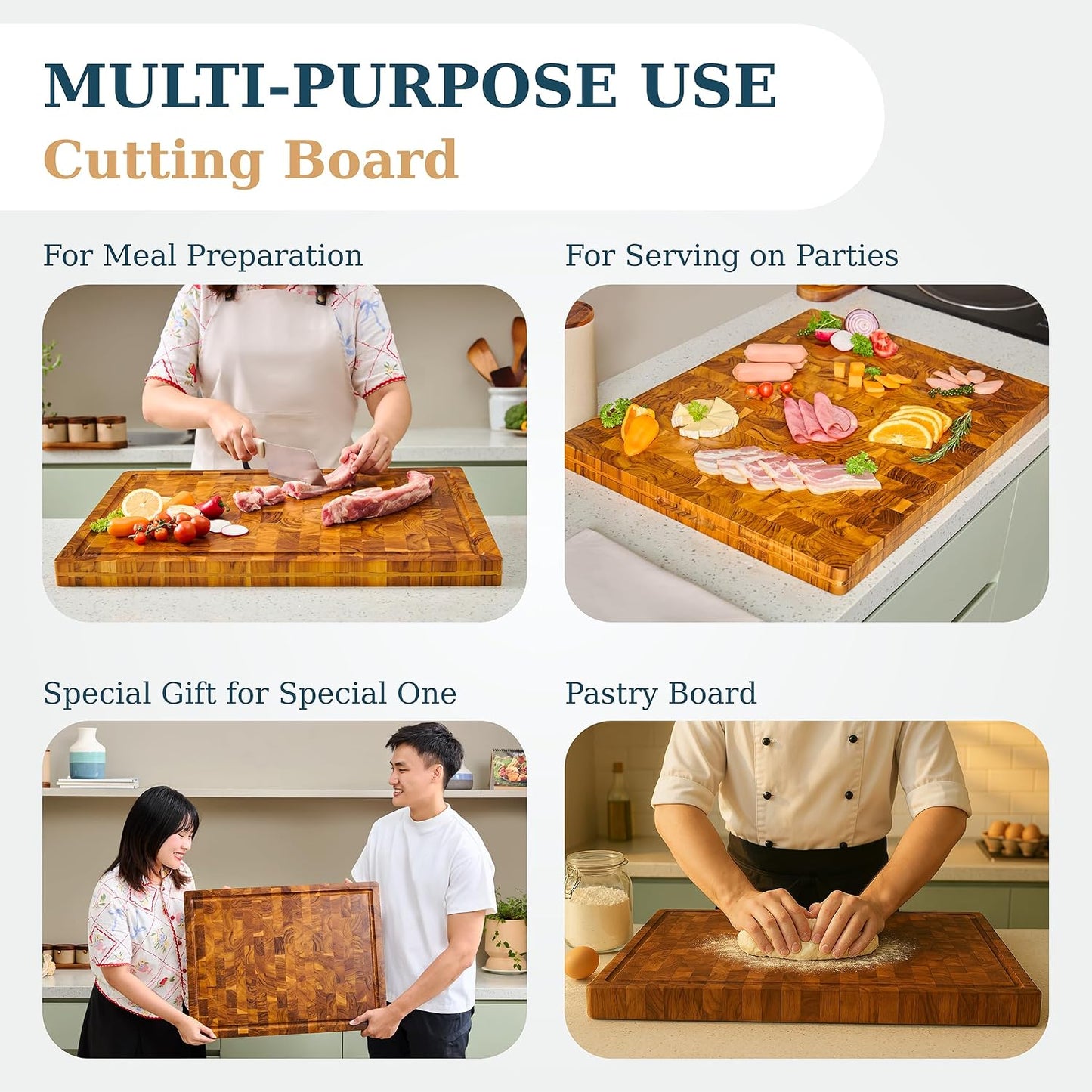 Bearchop Square Acacia Wood Cutting Board for Kitchen with 4-Side Reinforced Bar for Anti Crack/Warp, [14"x14"x1.25"] End Grain Cutting Board, Wooden Butcher Block with Gift Box