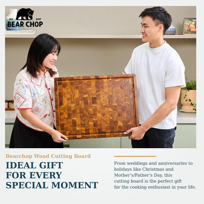 Bearchop Square Acacia Wood Cutting Board for Kitchen with 4-Side Reinforced Bar for Anti Crack/Warp, [14"x14"x1.25"] End Grain Cutting Board, Wooden Butcher Block with Gift Box