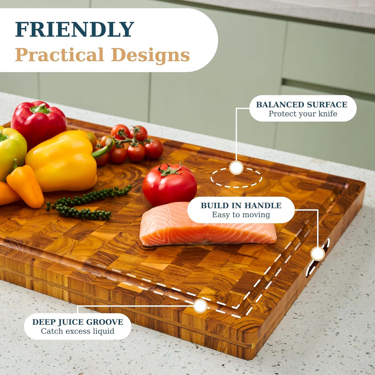 Bearchop Square Acacia Wood Cutting Board for Kitchen with 4-Side Reinforced Bar for Anti Crack/Warp, [14"x14"x1.25"] End Grain Cutting Board, Wooden Butcher Block with Gift Box