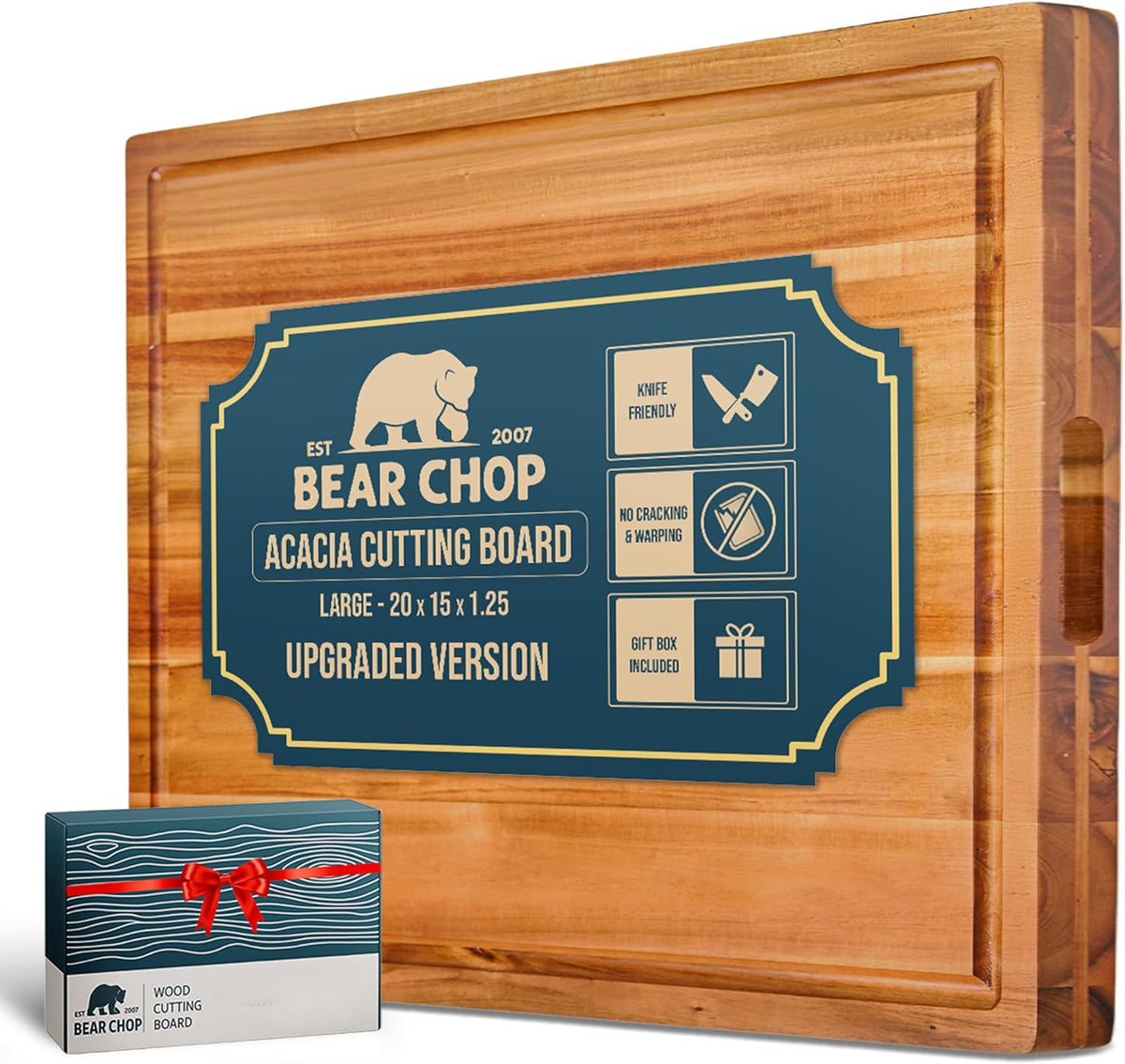 Bearchop Square Acacia Wood Cutting Board for Kitchen with 4-Side Reinforced Bar for Anti Crack/Warp, [14"x14"x1.25"] End Grain Cutting Board, Wooden Butcher Block with Gift Box