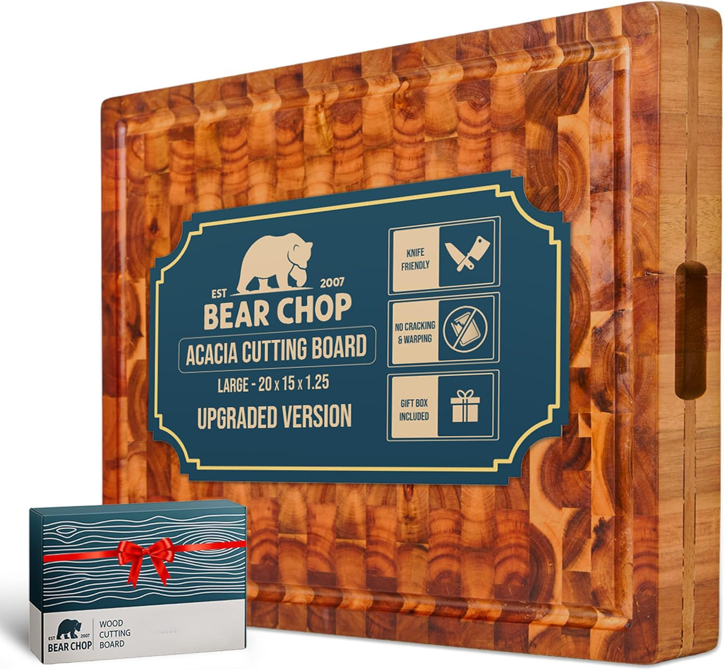 Bearchop Square Acacia Wood Cutting Board for Kitchen with 4-Side Reinforced Bar for Anti Crack/Warp, [14"x14"x1.25"] End Grain Cutting Board, Wooden Butcher Block with Gift Box