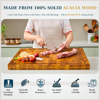 Bearchop Square Acacia Wood Cutting Board for Kitchen with 4-Side Reinforced Bar for Anti Crack/Warp, [14"x14"x1.25"] End Grain Cutting Board, Wooden Butcher Block with Gift Box