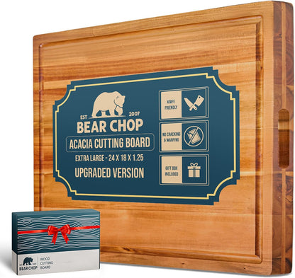 Bearchop Square Acacia Wood Cutting Board for Kitchen with 4-Side Reinforced Bar for Anti Crack/Warp, [14"x14"x1.25"] End Grain Cutting Board, Wooden Butcher Block with Gift Box