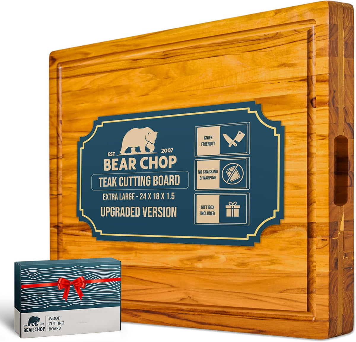Bearchop Square Acacia Wood Cutting Board for Kitchen with 4-Side Reinforced Bar for Anti Crack/Warp, [14"x14"x1.25"] End Grain Cutting Board, Wooden Butcher Block with Gift Box