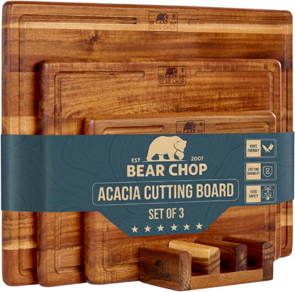 Bearchop Square Acacia Wood Cutting Board for Kitchen with 4-Side Reinforced Bar for Anti Crack/Warp, [14"x14"x1.25"] End Grain Cutting Board, Wooden Butcher Block with Gift Box