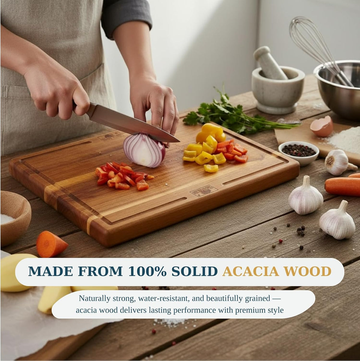 Bearchop Square Acacia Wood Cutting Board for Kitchen with 4-Side Reinforced Bar for Anti Crack/Warp, [14"x14"x1.25"] End Grain Cutting Board, Wooden Butcher Block with Gift Box