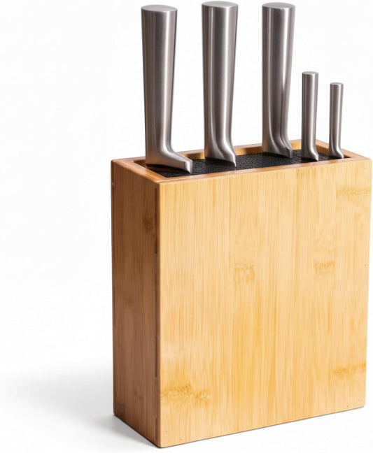 Knife Block, Empty, Bamboo, Bristle Insert, HxWxD: 26x 23 x 11.5 cm, Knife Storage, Natural/Black