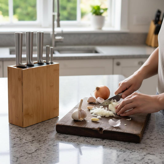 Knife Block, Empty, Bamboo, Bristle Insert, HxWxD: 26x 23 x 11.5 cm, Knife Storage, Natural/Black