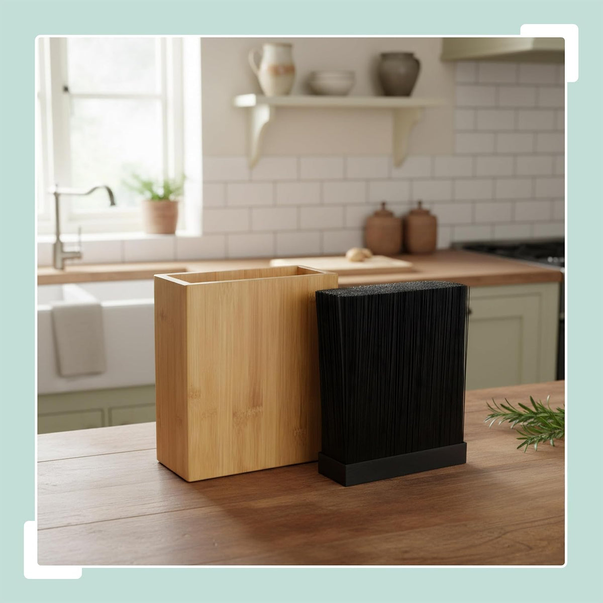 Knife Block, Empty, Bamboo, Bristle Insert, HxWxD: 26x 23 x 11.5 cm, Knife Storage, Natural/Black
