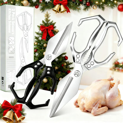2-Piece Kitchen Scissors Set - Heavy Duty Poultry & Cooking Shears, High-Carbon Steel Meat Scissors for Chicken Bones/Seafood/Herbs, Ergonomic Handle Black & Silver