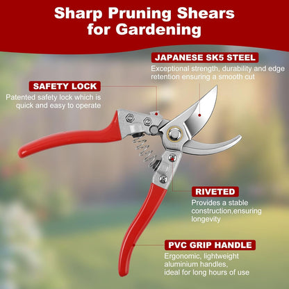 2 Piece Garden Shears Set: Heavy Duty Pruning Shears with Japanese SK5 Steel Blade & Long Straight Garden Snip,Complete Pruning Shears for Gardening, Tree Trimming, Flower & Herb Cutting