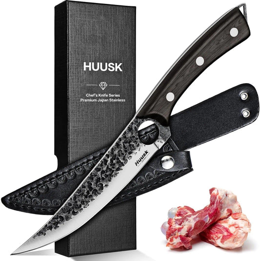 Huusk Viking Boning Knife 6 inch, Japanese Boning Knives for Meat Cutting | Fillet Knife with Sheath, Full Tang handle, Gift Box, Brisket Trimming Knives for BBQ, Camping