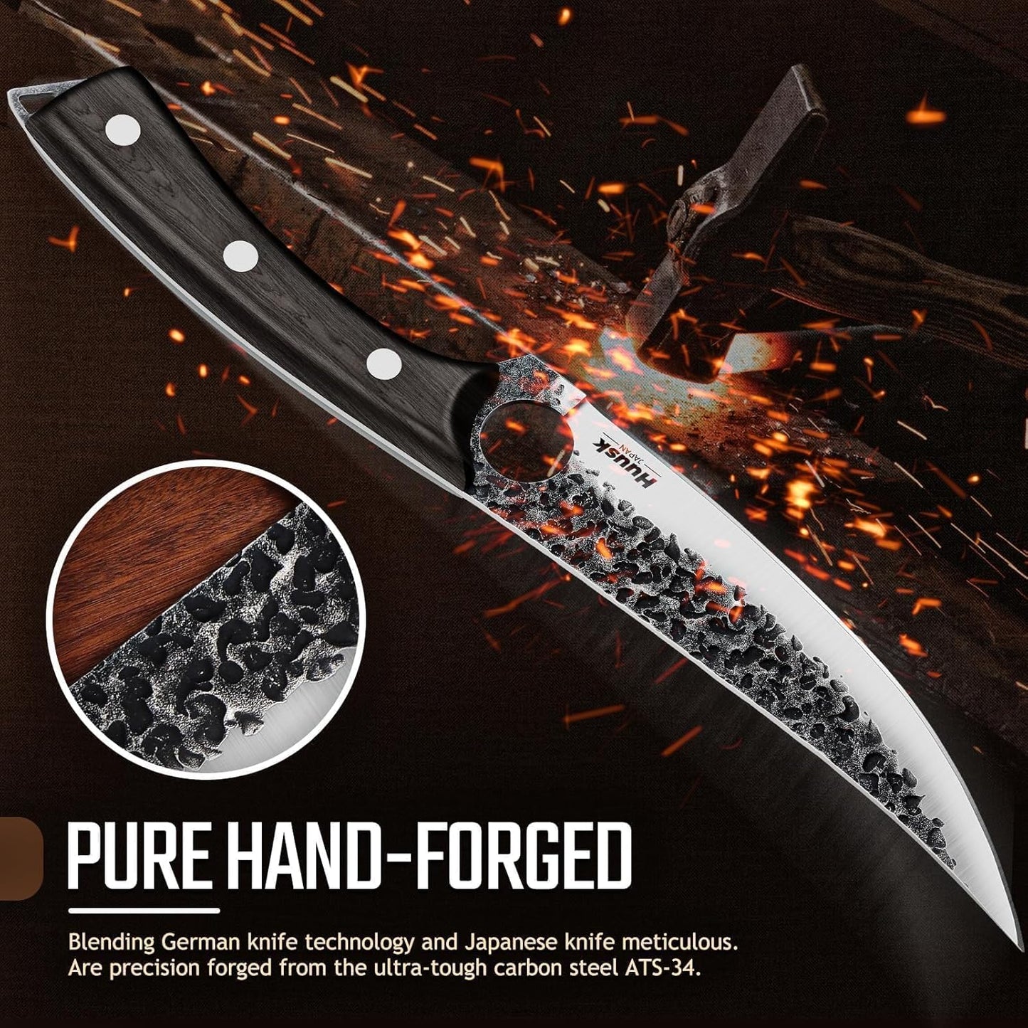 Huusk Viking Boning Knife 6 inch, Japanese Boning Knives for Meat Cutting | Fillet Knife with Sheath, Full Tang handle, Gift Box, Brisket Trimming Knives for BBQ, Camping