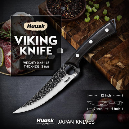 Huusk Viking Boning Knife 6 inch, Japanese Boning Knives for Meat Cutting | Fillet Knife with Sheath, Full Tang handle, Gift Box, Brisket Trimming Knives for BBQ, Camping