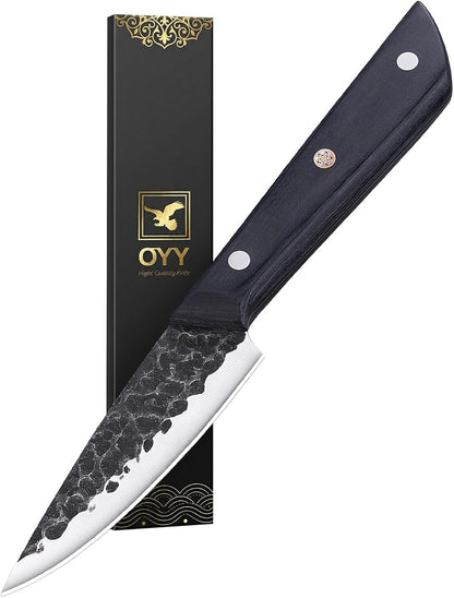 3.7 Inch Hand Forged Paring Knife with Gift Box for Men & Women | VG10 High Carbon 3-Layer Clad Steel Small Kitchen Knife, Ultra Sharp Full Tang for Peeling, Slicing & Delicate Prep