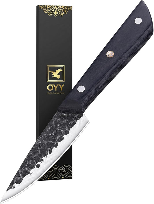 3.7 Inch Hand Forged Paring Knife with Gift Box for Men & Women | VG10 High Carbon 3-Layer Clad Steel Small Kitchen Knife, Ultra Sharp Full Tang for Peeling, Slicing & Delicate Prep