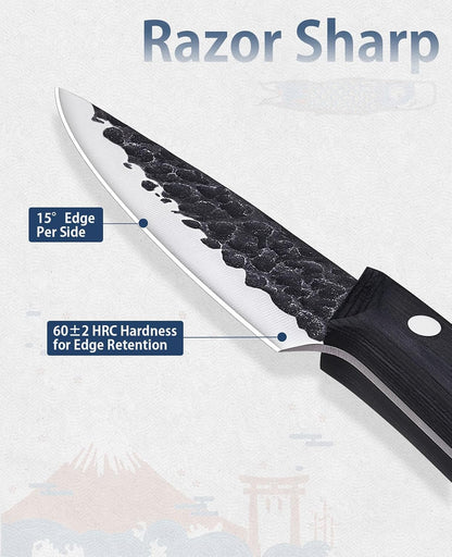 3.7 Inch Hand Forged Paring Knife with Gift Box for Men & Women | VG10 High Carbon 3-Layer Clad Steel Small Kitchen Knife, Ultra Sharp Full Tang for Peeling, Slicing & Delicate Prep
