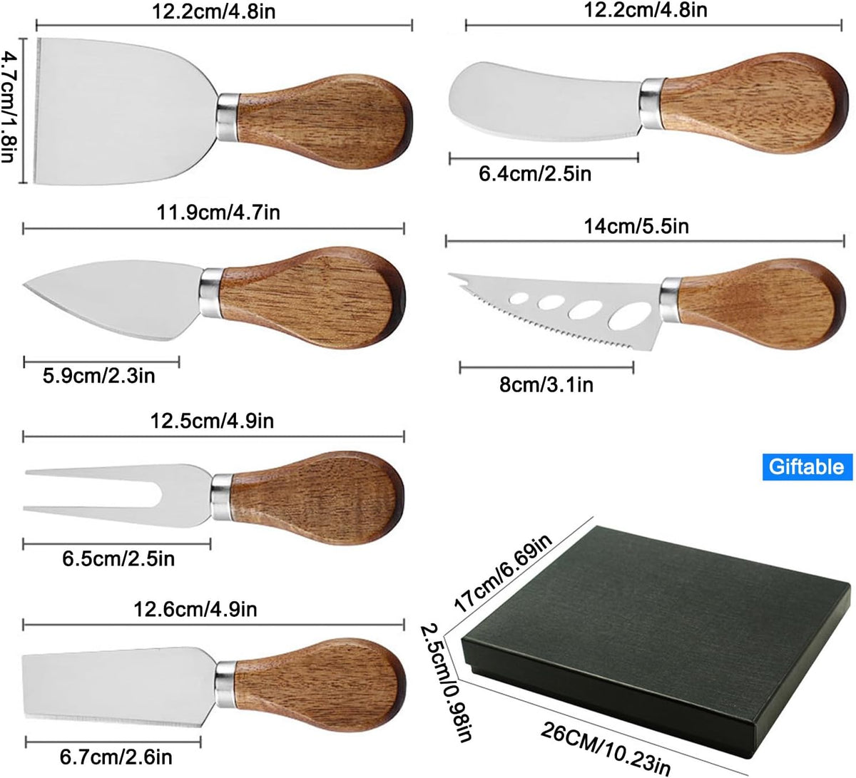6-Piece Exquisite Cheese Knife Set, Stainless Steel Cheese Knives Spreader Knife Cheese Board Charcuterie Cheese Tools Wooden Handle Stainless Steel Slicer Cheese Knife Gift Set of 6